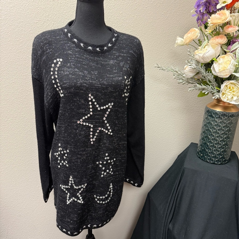 Black Sparkly Star & Moon Rhinestone Sweater Dress Tunic SK Wear L